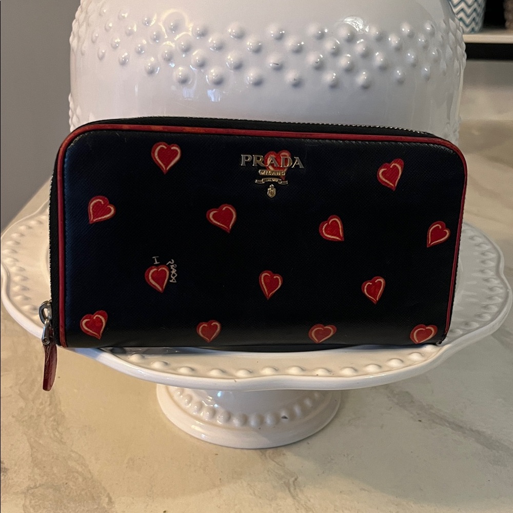 Prada Navy Wallet with Red Heart Accents